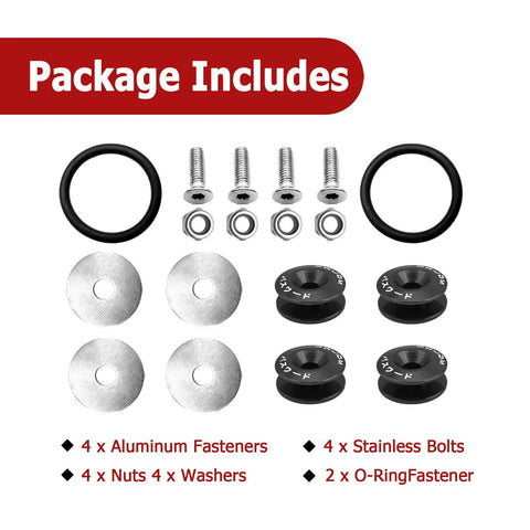 Billet Quick Release Bumper Trunk Fastener Kit parts including aluminum fasteners, bolts, washers, nuts, and O-rings.