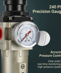 Close-up of 240 PSI precision gauge measuring pressure for Drop In Ready 3 4 Inch NPT Air Dryer With 3 Stage Moisture Removal And Auto Drain.