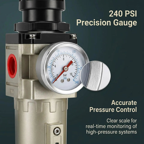 Close-up of 240 PSI precision gauge measuring pressure for Drop In Ready 3 4 Inch NPT Air Dryer With 3 Stage Moisture Removal And Auto Drain.