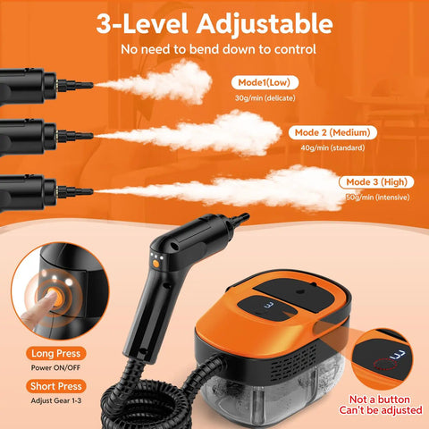 3-Level adjustable settings on Heavy Duty Handheld Steam Cleaner delivers steam control without bending down.