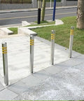 Tough As Nails Heavy Duty Security Bollard Posts 2 Pack 304 Stainless Steel Traffic Delineators with yellow reflective strips.