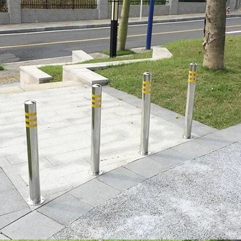 Tough As Nails Heavy Duty Security Bollard Posts 2 Pack 304 Stainless Steel Traffic Delineators with yellow reflective strips.