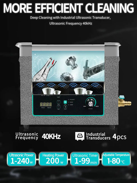 10 Gallon Heavy Duty Workhorse Ultrasonic Cleaner With Adjustable Heat And Sweep Feature To Make Quick Work Of Stubborn Engine Grease.