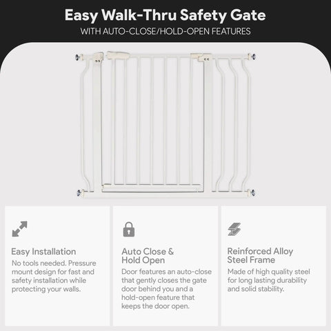 Easy Walk-Through Baby Safety Gate with Auto Close and Hold Open, all steel construction shown front view