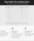Easy Walk Through Safety Gate For Doorways And Stairs With Auto Close And Hold Open Features 36 Inch Tall Fits 29.1 To 38.5 Inch Openings Graphite Finish No Fuss Quick Pressure Mounted Setup That Protects Walls on display with installation features and reinforced steel frame details