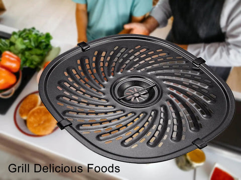 Nonstick Air Fryer Crisper Pan Replacement Tray For 7 Qt Fryers showing even air circulation design above kitchen counter