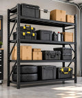 Heavy Duty Garage Shelving Unit Built From Tough Industrial Steel With A Rock Solid 4000 Pound Capacity That Absolutely Nails Storing Bulky Gear And Workshop Equipment, showcasing four tiers stacked with black storage bins and tires.