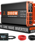 Solid Pure Sine Wave Power Inverter 12V DC To 120V AC Car Converter outputs 2000W steady power with multiple outlets.