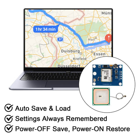 Laptop screen showing GPS navigation with Dual 3.3V 5V GPS Module Kit With Ceramic Antenna inset, highlighting NEO6M receiver.