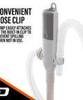 Battery Powered Stick Transfer Pump With Aa Batteries And 39 Inch Hose Flows Gas Or Diesel Smoothly At 2 6 GPM showing hose clip to prevent spills.