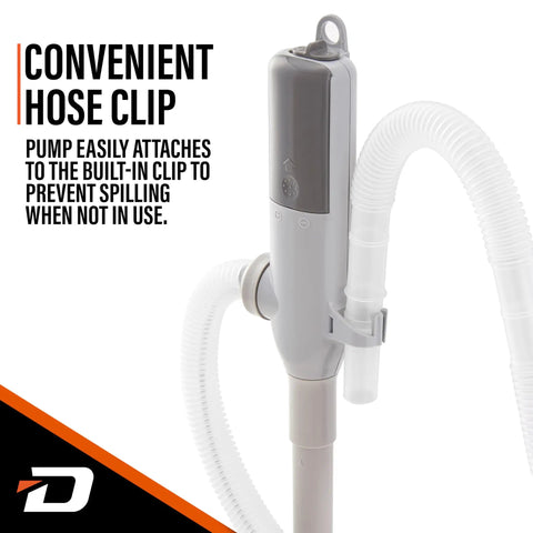 Battery Powered Stick Transfer Pump With Aa Batteries And 39 Inch Hose Flows Gas Or Diesel Smoothly At 2 6 GPM showing hose clip to prevent spills.