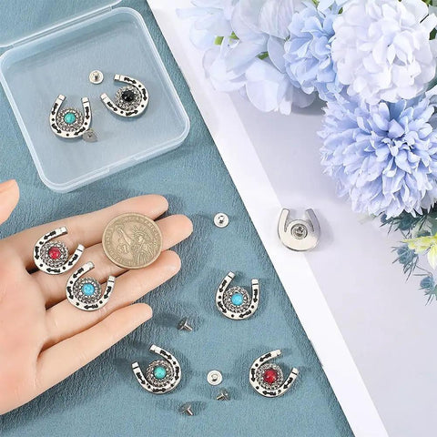 Knockout Western Horseshoe Screw Back Conchos 19mm Turquoise Gemstone Alloy Rivets arrangement with quarter for scale.