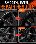 Before and after images showing smooth repair results for scratched gloss black wheels using Curb Rash Buster And Ride Restorer For Gloss Black Wheels.