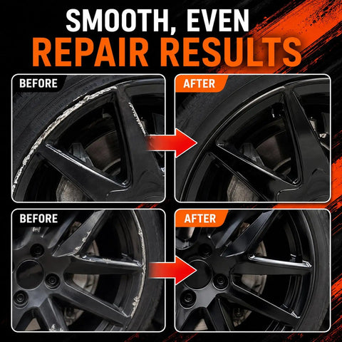 Before and after images showing smooth repair results for scratched gloss black wheels using Curb Rash Buster And Ride Restorer For Gloss Black Wheels.