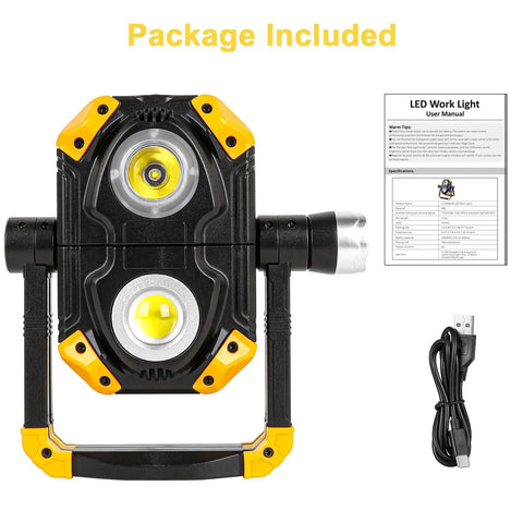 6000 Lumen Magnetic Base Work Light With 360 Degree Rotation And 7000K Warm LEDs, USB cable, and manual included