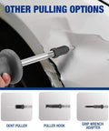 9 Way Slide Hammer Puller Set With 27 Piece Kit used for dent removal on car panel showing hammer and adapters