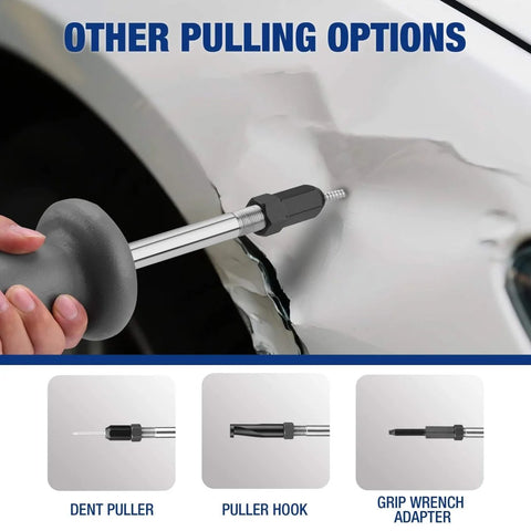 9 Way Slide Hammer Puller Set With 27 Piece Kit used for dent removal on car panel showing hammer and adapters