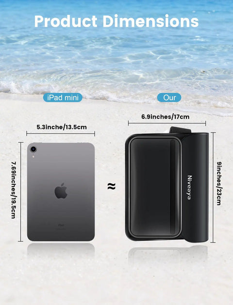 Triple Seal IPX8 Waterproof Fanny Pack dimensions compared to iPad Mini on sandy beach.