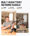 Man holding Pro Grade Mini Cordless Car Buffer Polisher P10 Pro with 4000mAh battery, accessories on table, built-in battery sign displayed.