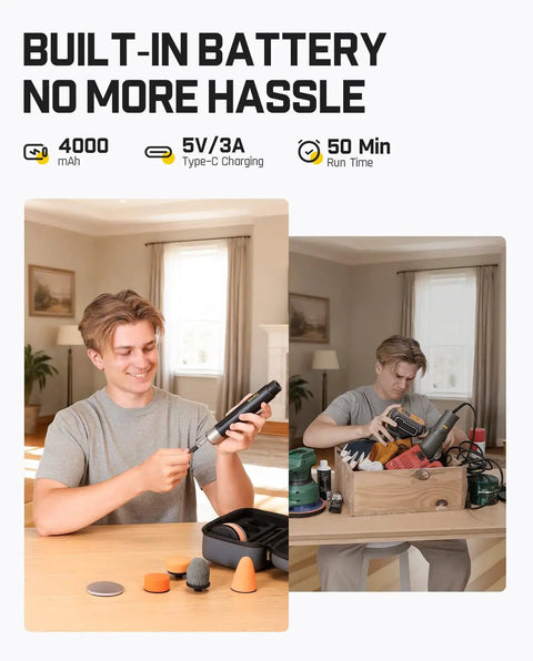 Man holding Pro Grade Mini Cordless Car Buffer Polisher P10 Pro with 4000mAh battery, accessories on table, built-in battery sign displayed.