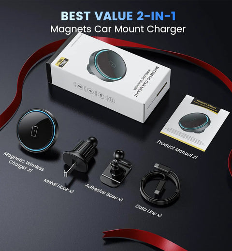 3 In 1 Car Phone Mount Charger With 15W Wireless Fast Charge, LED Ambient Light, accessories displayed on black surface