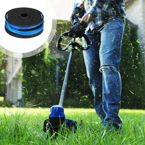 Kobalt 40-Volt Max Trimmer Spool Line 0.065 Inch 20 Feet Dual Line Replacement Fits KST 120X 120X-06 2040-06 KDLA 3040-03 Weed Eater 294703 Replacement Spool Pack Of Six image showing a person using a cordless trimmer in a garden with a spool inset in the corner