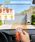 Hand holding remote for 4400lb WiFi Sliding Gate Opener With Smart App Control, gate in background.