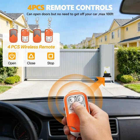 Hand holding remote for 4400lb WiFi Sliding Gate Opener With Smart App Control, gate in background.