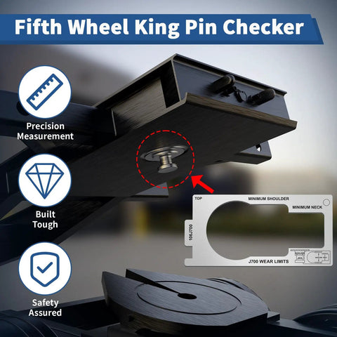 SAE J700 Compliant King Pin Gauge For Trailers Quick Three Step Wear Height And Squareness Check To Prevent Accidents Keep Your Rig Safe Durable Silver Tool For Precise Pin Measurements, silver king pin gauge with J700 wear limits template
