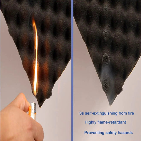 Close-up of High Grade Egg Crate Acoustic Foam Panels Grey 3 CM Thick Fire Retardant showing flame resistance test.