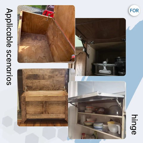 Two Pack Heavy Duty Lid Hinges For 50 Pound Wooden Boxes And Toy Chests With Soft Close, installed on cabinets and chests