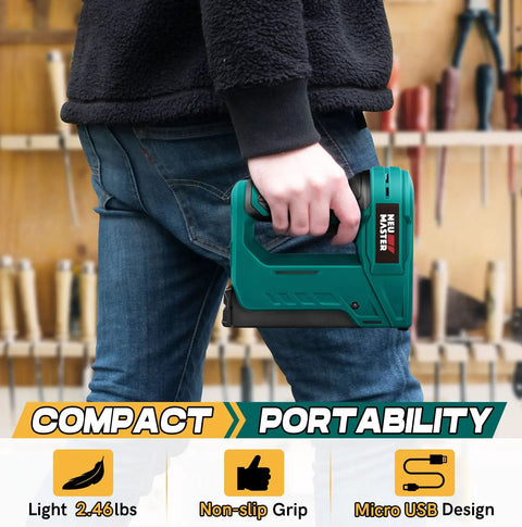 Person holding Cordless Electric Staple Gun For Wood With T50 Staples And USB Charger Heavy Duty Stapler in workshop.
