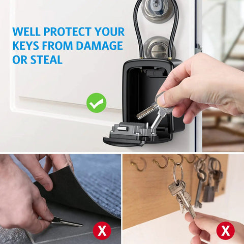 Outdoor Key Lock Box With 4-Digit Combination, Water-Resistant, Hanging on Door, Showing Safe Key Storage Alternative.