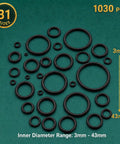 Workhorse Nitrile Rubber O Ring Assortment Kit 1030 Pieces In 31 Sizes For Oil And Hydraulic Fluid Sealing shown with size range