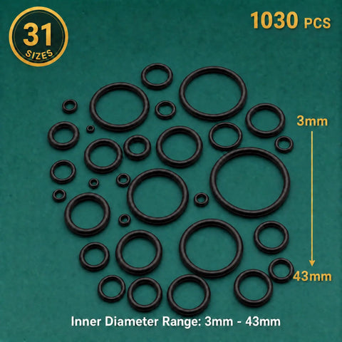 Workhorse Nitrile Rubber O Ring Assortment Kit 1030 Pieces In 31 Sizes For Oil And Hydraulic Fluid Sealing shown with size range