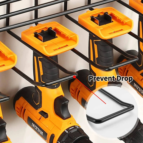 Close-up of Heavy Duty Wall Mount Power Tool Organizer Kit With Drill Holder And Shelves, Two Pack Black, showing drill slots