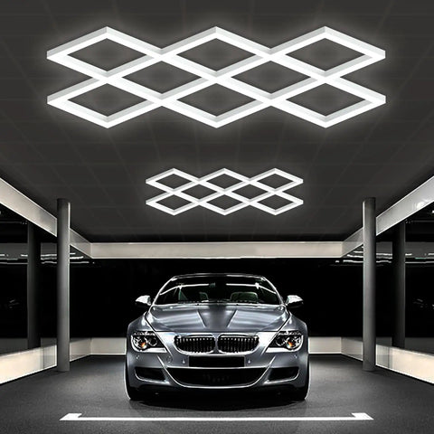 8 Hex Diamond LED Garage Light Ultra Bright 20400 Lumens 6500K Natural White Boss Grade Upgrade installed over car