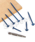 Blue screws and driver bit from 101 Piece Pocket Hole And Deck Screw Kit With Size Eight Two And A Half Inch Screws, Square Drive.