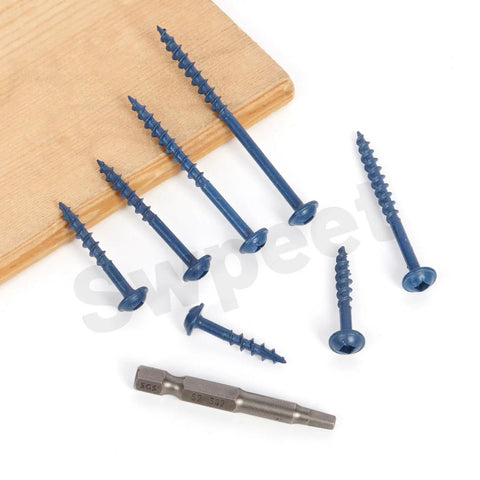 Blue screws and driver bit from 101 Piece Pocket Hole And Deck Screw Kit With Size Eight Two And A Half Inch Screws, Square Drive.