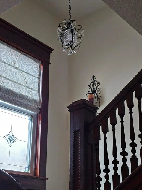 Plug In Mini Black Chandelier Hanging Light With Cord Switch Perfect For Bedroom Living Room And Dining Room Ceiling Fixture 11 Inches By 15 Inches With One Meter Chain Uses E26 Bulb Base Not Included 110V in staircase setting