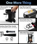 Compact Espresso Machine With 20 Bar Pressure And Built In Milk Frother, Features A Smart Digital Panel With Dead Simple One Touch Controls, includes removable tank and cup warming grill.