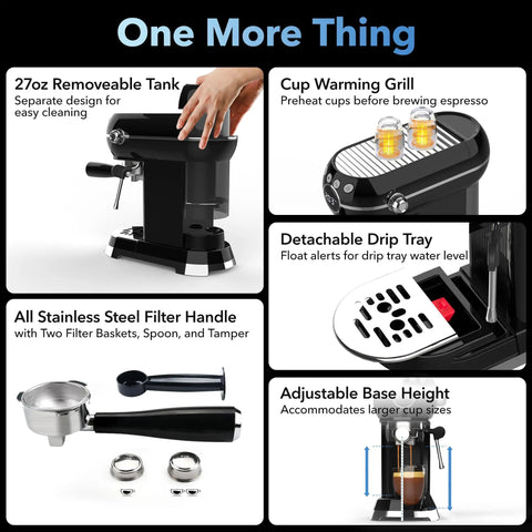 Compact Espresso Machine With 20 Bar Pressure And Built In Milk Frother, Features A Smart Digital Panel With Dead Simple One Touch Controls, includes removable tank and cup warming grill.