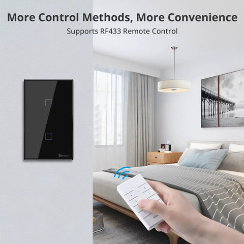 Two Gang 1 Way WiFi Touch Light Switch For Alexa And Google Home, 2.4 GHz Only, RF433 Remote Control in modern bedroom.