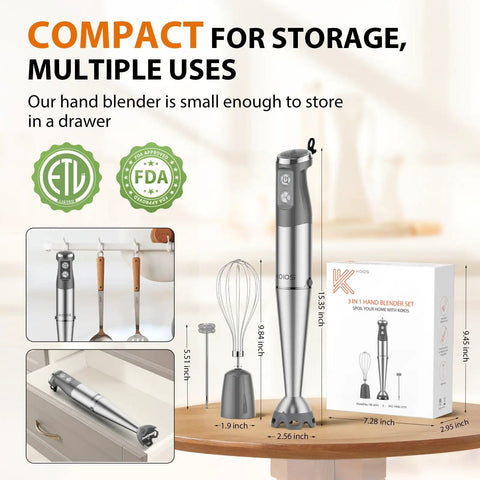 Powerful 1000W Immersion Hand Blender 3-in-1 Pro-Grade Stick with Turbo Mode, shown with box on kitchen counter