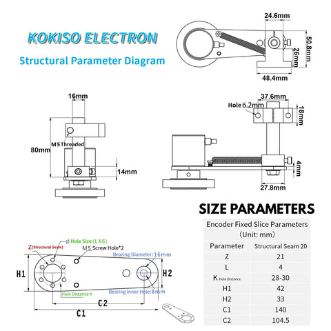 Technical diagram of Aluminum Alloy Rotary Encoder Bracket For 38mm OD Encoders 6mm Shaft Mounting Frame with measurements