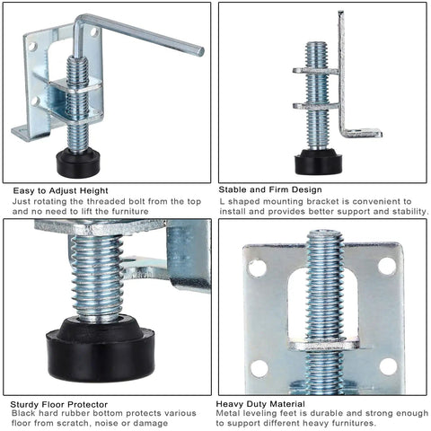 Beefy Heavy Duty L Shaped Furniture Leveling Feet With Brackets Adjustable Table And Cabinet Levelers M10 Thread Up To About One Inch Height 4 Pack Includes Screws And Hex Wrench For Workbenches Wardrobes And Shelves