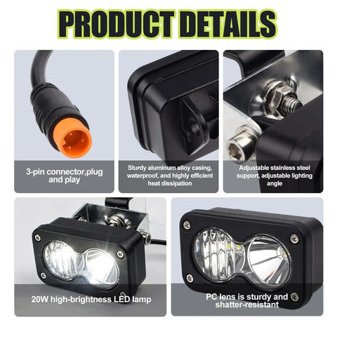 Ridstar Q20 Compatible 3 Pin Headlight Kit For E Bike 20W LED Super Bright With 6000K 6500K White Light Waterproof And Plug And Play 12V 60V Ride Ready Night Riding Light For Electric Bikes Motorcycles And ATVs