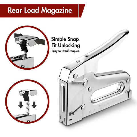 Heavy Duty Staple Gun For Upholstery Woodworking DIY And Pro Projects Manual Stapler with rear load magazine and chrome steel body
