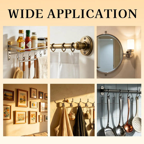 Collage showcasing various uses of 70 Piece Self Drilling Drywall Anchors Kit With Heavy Duty Galvanized Screws for shelves and decor.