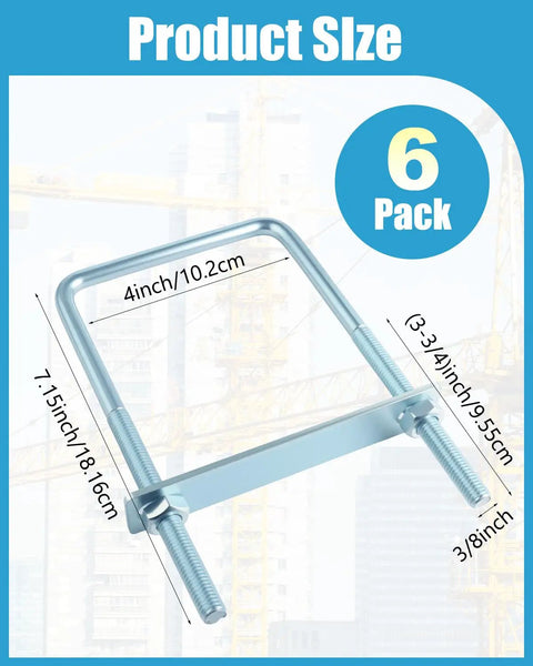Square U Bolts 4 Inch Wide Zinc Plated Carbon Steel For Sailboat Trailers Tubes And Industrial Use Three Eighths Inch By Four Inch By Seven Inch Heavy Duty Rust Resistant Hardware displayed with dimensions.